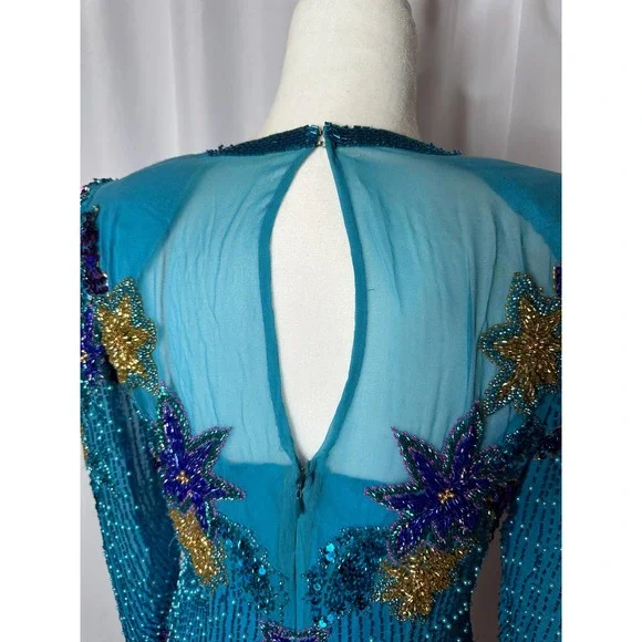 Vintage‎ Alyce Designs 100% Silk Beaded Floor Length Dress 1980s Blue Teal Sz 10